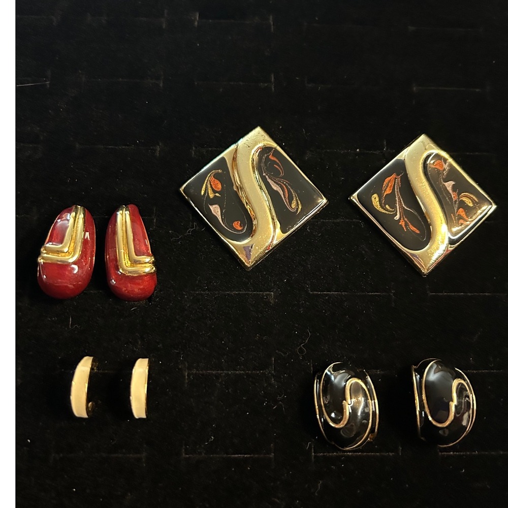 Vintage 80s 90s Gold Tone Enamel Earring Lot 4 Pairs Geometric Retro Statement